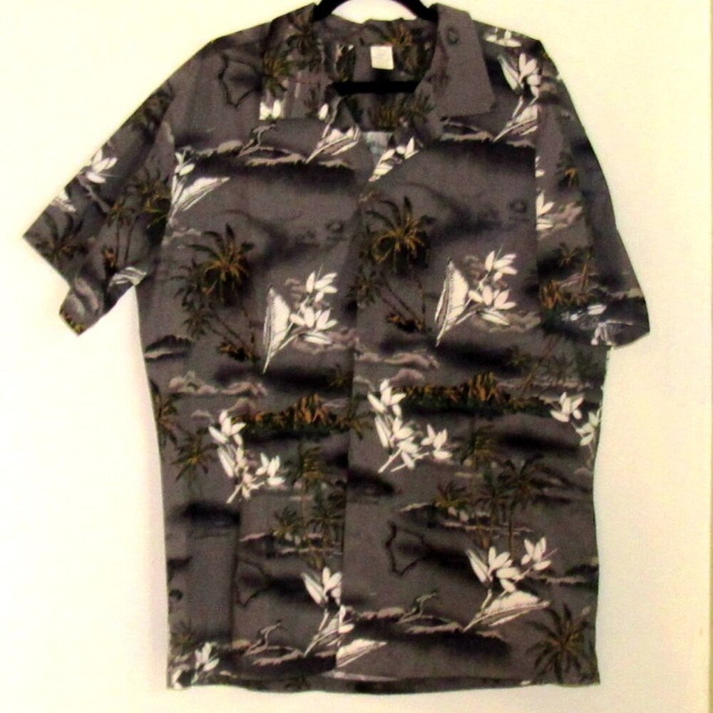 Palmwave Hawaiian Shirt, Man's XL, Dark Gray, Palm Trees Islands,   E444